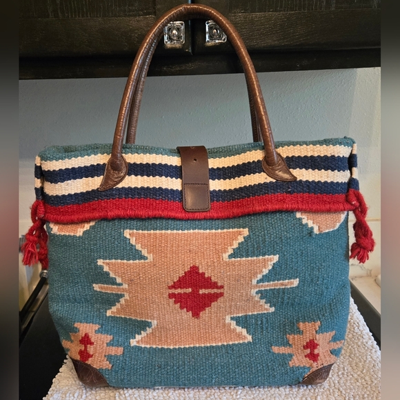 Ameri-Leather Large Wool Leather Tote Southwest Aztec Print - Picture 2 of 11